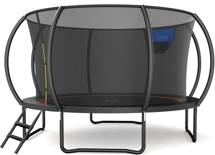 MERACH 14FT Pumpkin Outdoor Trampoline with Safety Enclosure Net, Basketball Hoop & Ladder, Heavy Duty Backyard Trampoline for Kids & Adults