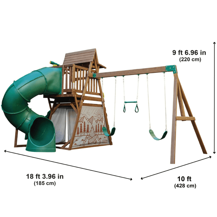 Ranger Retreat Wooden Swing Set/Playset with Tent, Tube Slide and 3-Swings